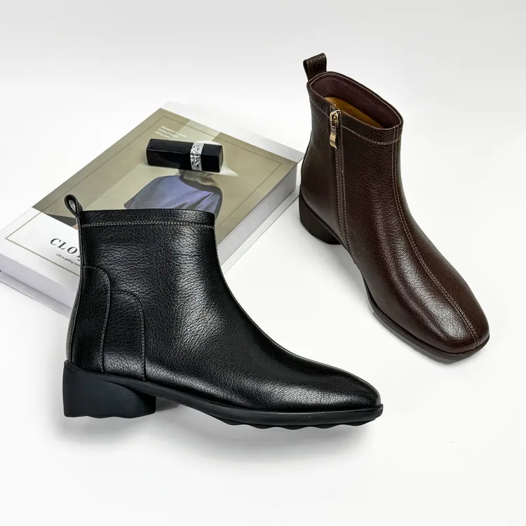 3CM低跟秋冬短靴上新时尚休闲百搭真皮粗跟潮流英伦风复古加绒