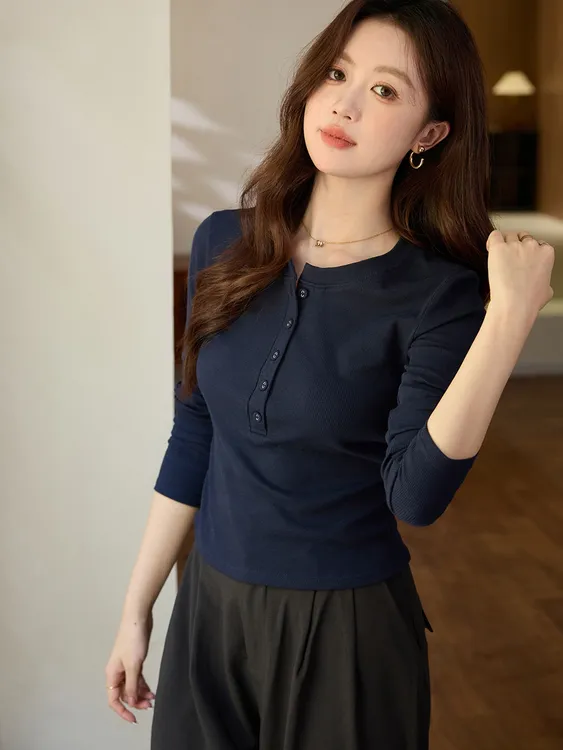 多巴胺衣橱314|收腰褶皱美拉德别致包布纽扣长袖t恤女气质棉打底