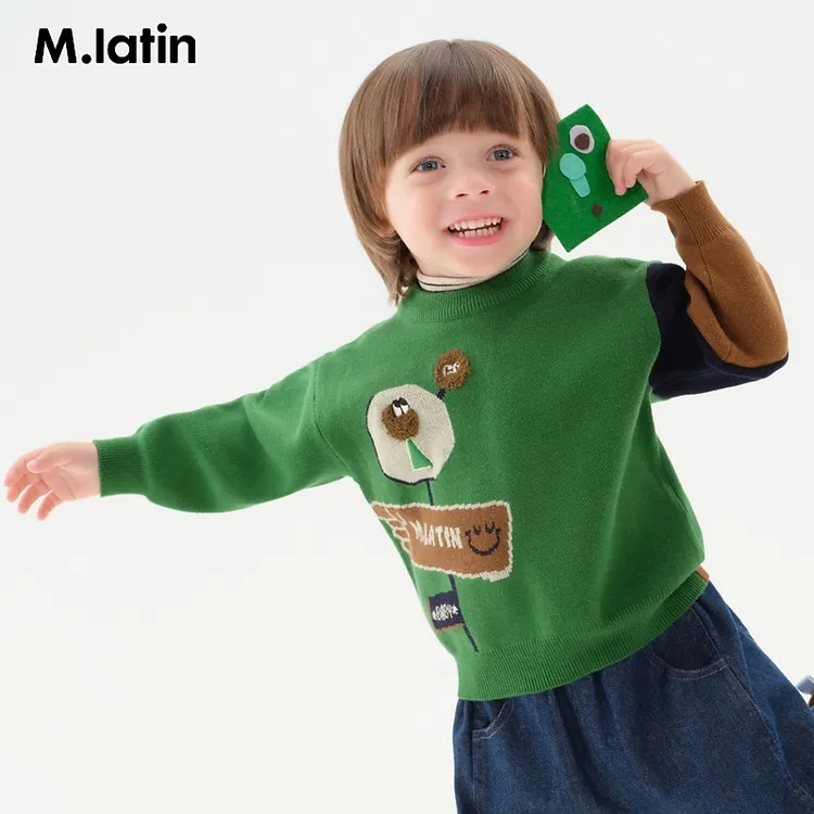 马拉丁童装儿童毛衣冬装男小童趣味图案拼色针织半高领毛衣