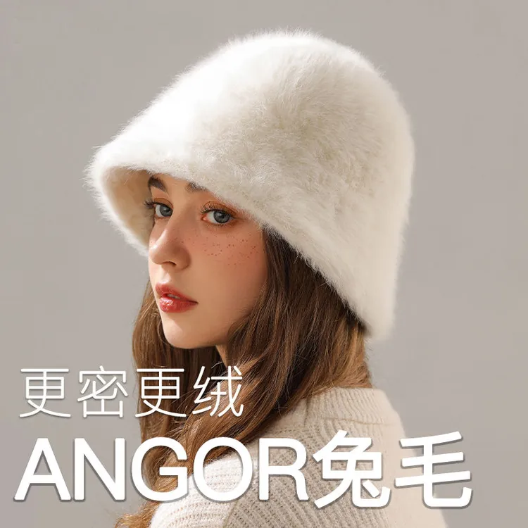 帽子女冬季大头围真兔毛毛绒帽子秋冬季盆帽遮脸显脸小水桶渔夫帽