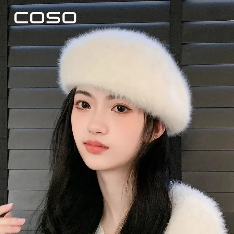 大头围贝雷帽女白色毛绒绒帽子女秋冬季2023新款小众设计白色帽子