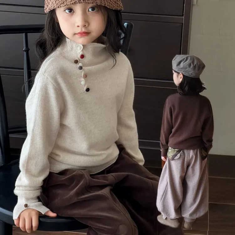 女童高领毛衣针织秋冬新款韩版儿童彩色纽扣秋装中大童休闲打底衫