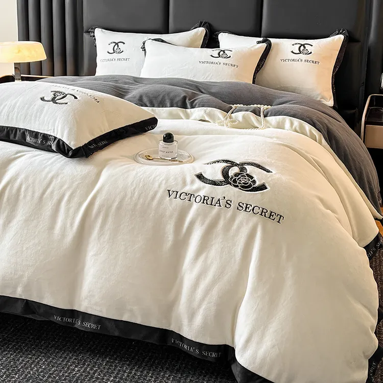 高端牛奶绒三四件套冬季加厚法兰绒珊瑚绒加绒床单刺绣双面绒被套