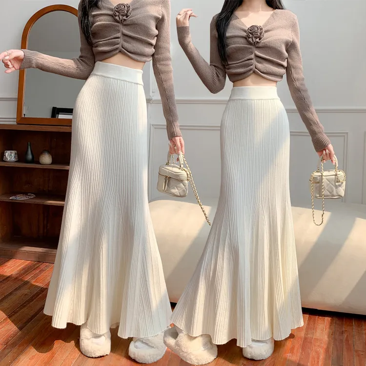 【冲量价】针织中长款半身裙白色女高腰遮胯显瘦梨型身材白色半身裙