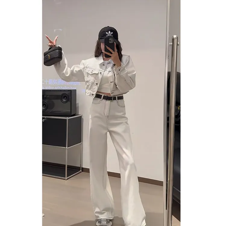 2025春秋新款老钱风高级感白色牛仔套装女休闲气质时尚感港风小众