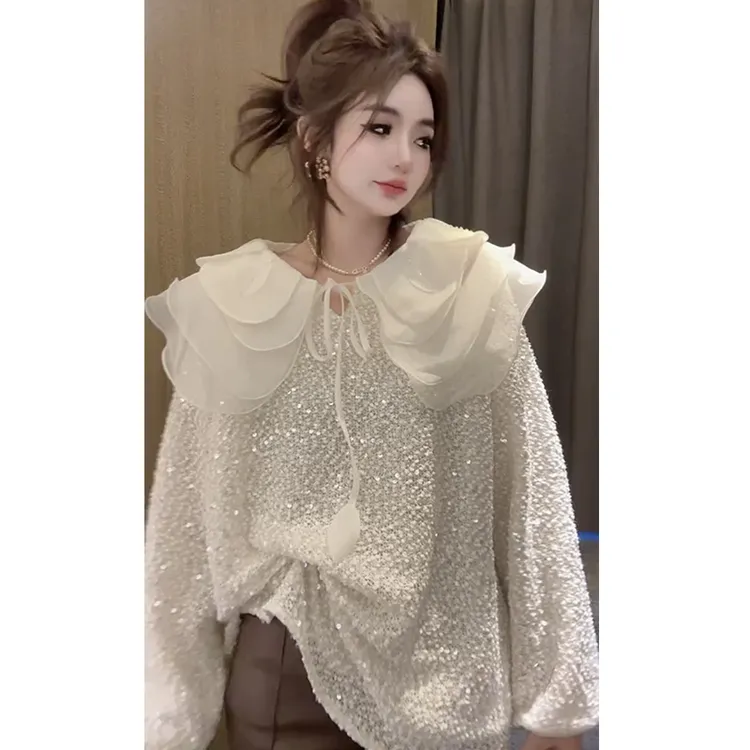 2025早春新款欧洲站时尚气质宽松显瘦重工亮片娃娃领绝美蕾丝衫女