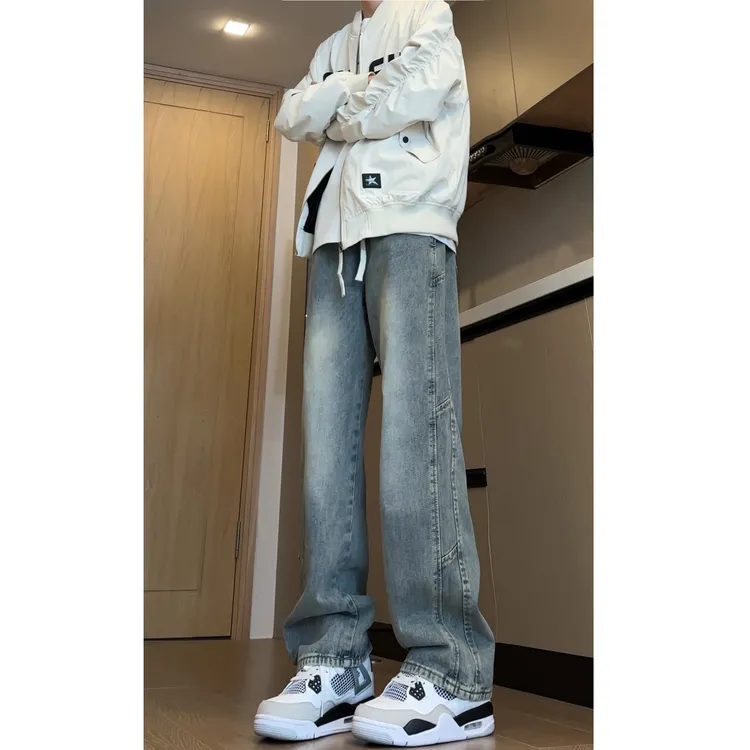 牛仔裤男秋季设计感高街vibe风裤子修身微喇工装长裤美式百搭夏季