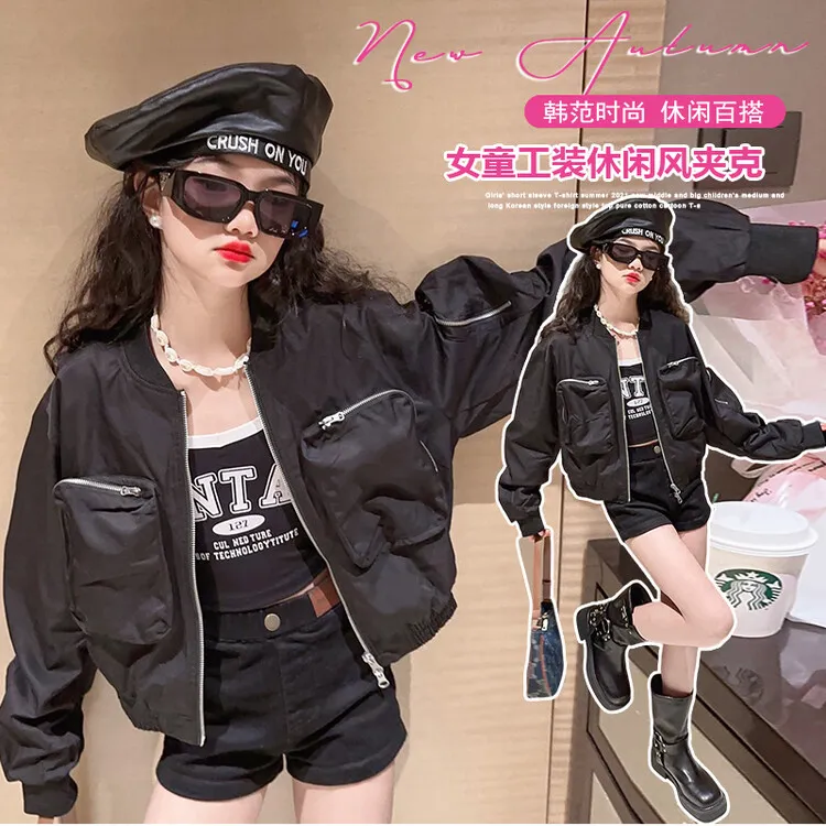 女童春秋短款宽松机车服外套时髦秋款儿童外穿韩版童装运动时尚