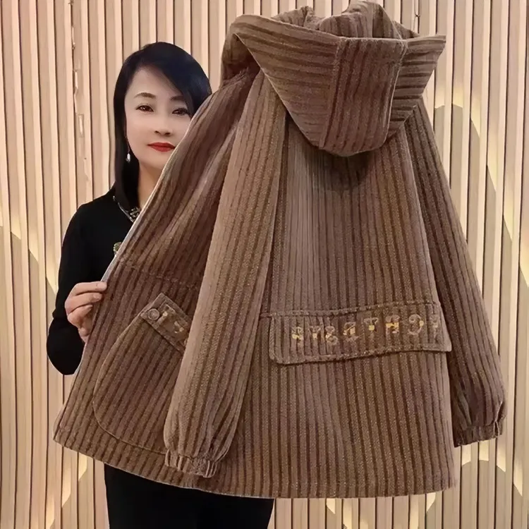 《新款到货》加厚条绒外套女简约休闲经典连帽外衣宽松加肥胖妈妈装