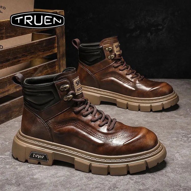 真恩工装靴男复古做旧冬季高帮轻便软底欧洲高品质厚底欧货马丁靴