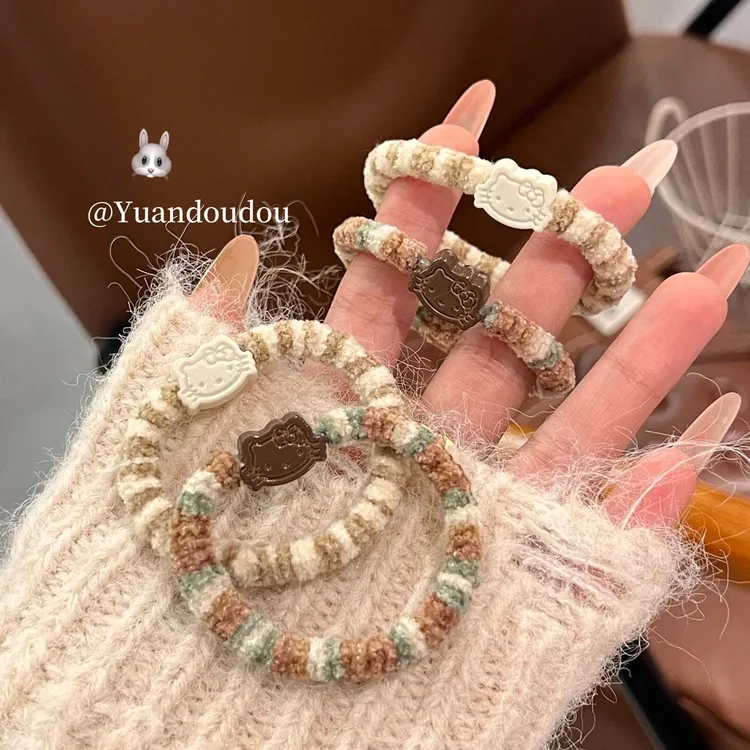 日系奶咖色系kt猫暖绒绒发圈新款ins少女心可爱百搭刘海卡通头饰