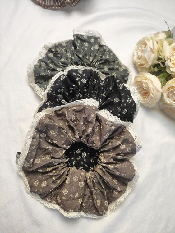 复古花朵气质锁边木耳边布艺大肠发圈百搭后脑勺发绳气质发圈