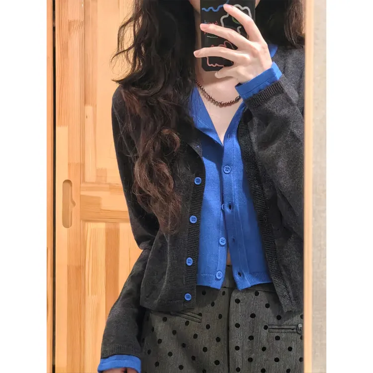 MARIE.COCO早春设计拼接假两件针织高腰宽松百搭上衣半身裙两件套