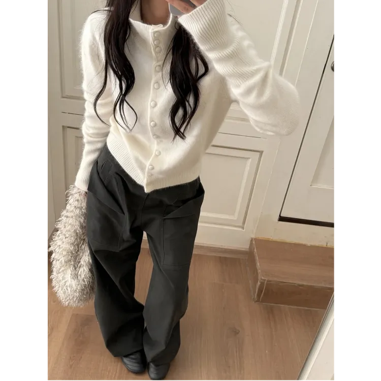 一整套ootd穿搭慵懒风针织开衫上衣显瘦百搭阔腿裤套装女