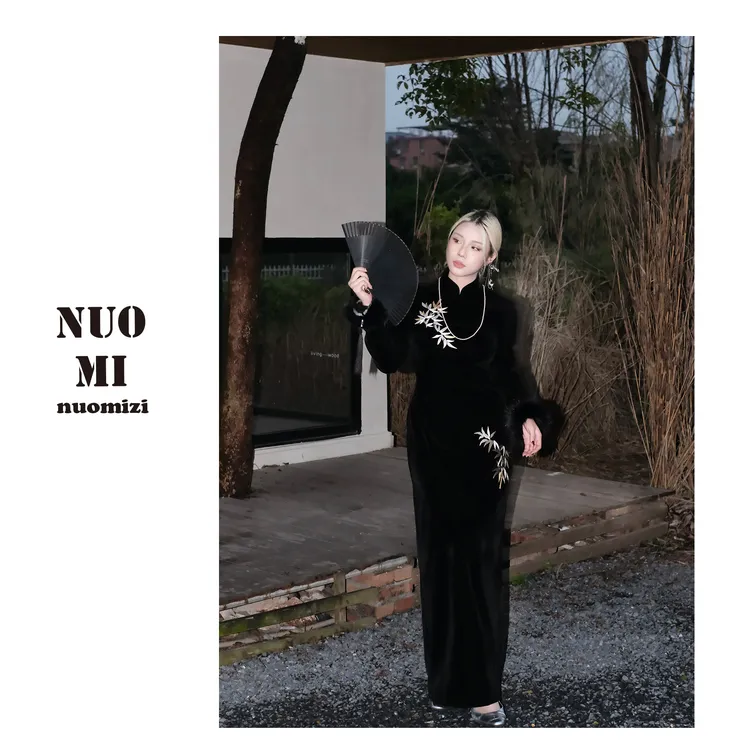 ZOZ糯米子[竹间清]新款长袖旗袍尊为金竹国风刺绣气质开叉连衣裙