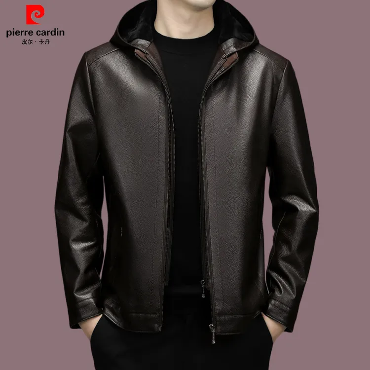 皮尔卡丹【国际轻奢】皮衣男士中青年高档休闲连帽皮夹克秋冬加厚款