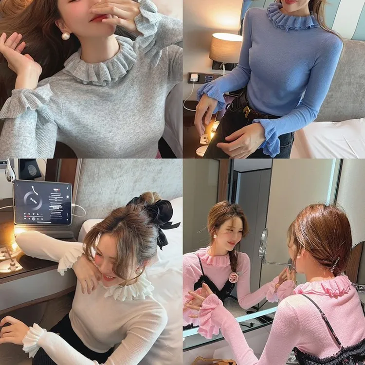 洋气木耳边打底衫立领女2025春秋新款内搭毛衣长袖羊毛衫针织衫