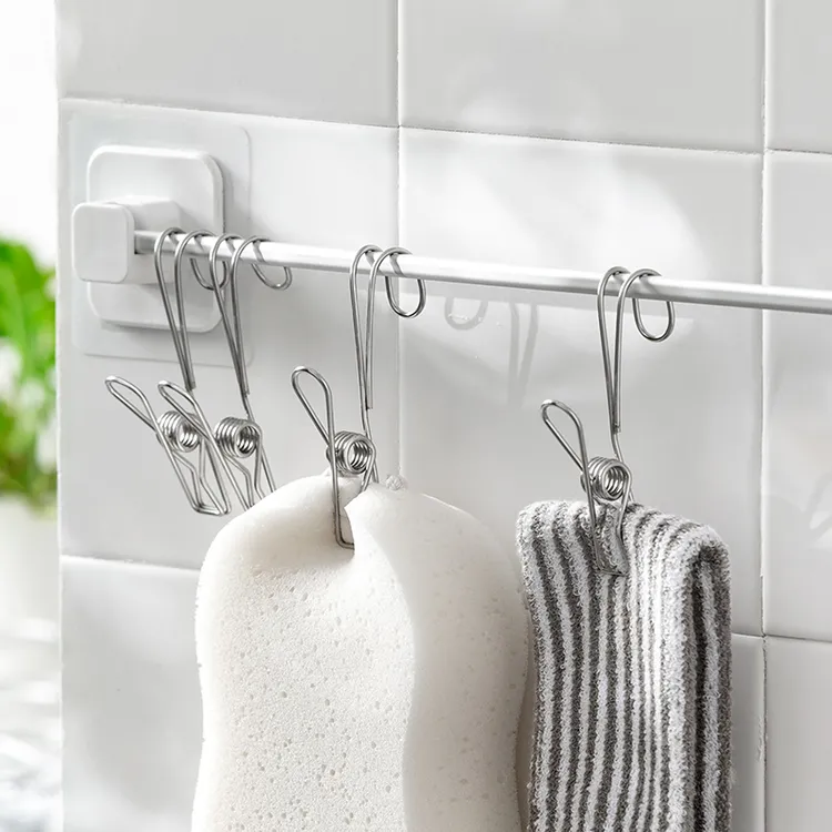 【10个装】不锈钢挂钩夹子卧室浴室毛巾悬挂多功能带钩收纳长尾夹