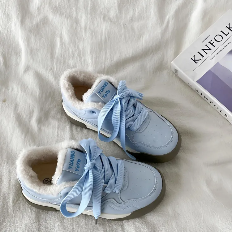 加绒厚底雾霾蓝板鞋女2024新款冬季小众百搭保暖二棉鞋休闲面包鞋