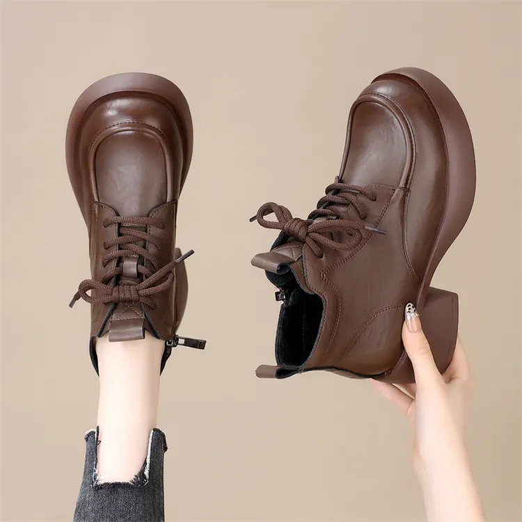 真皮厚底马丁靴女2025秋冬新款厚底粗跟时尚增高短筒靴女单靴