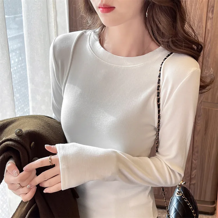 2024春装新款鱼骨线正肩磨毛棉打底衫t恤女百搭弹力小衫薄绒长袖