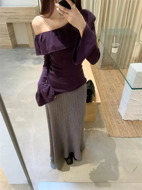 YouSee紫色一字肩针织上衣长裙子女早春高级感法式气质套装6474