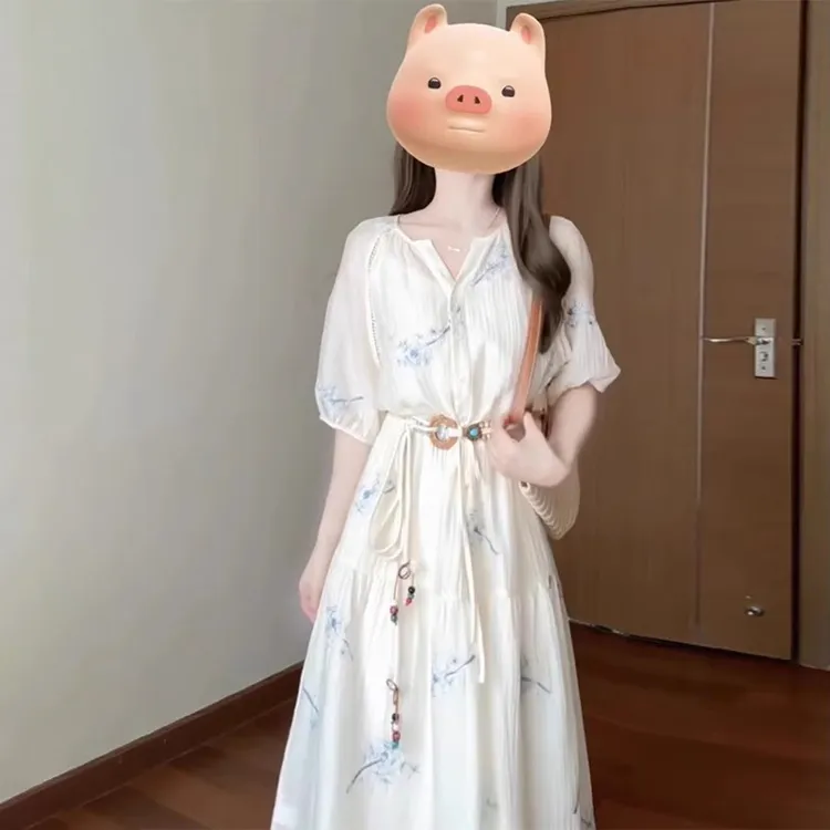法式V领短袖碎花连衣裙女夏2025新款显瘦高级感气质长裙3486