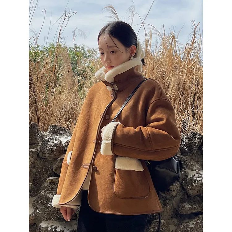 【jeju冬日】歌铭美式复古仿麂皮绒外套女冬季皮衣一体上衣
