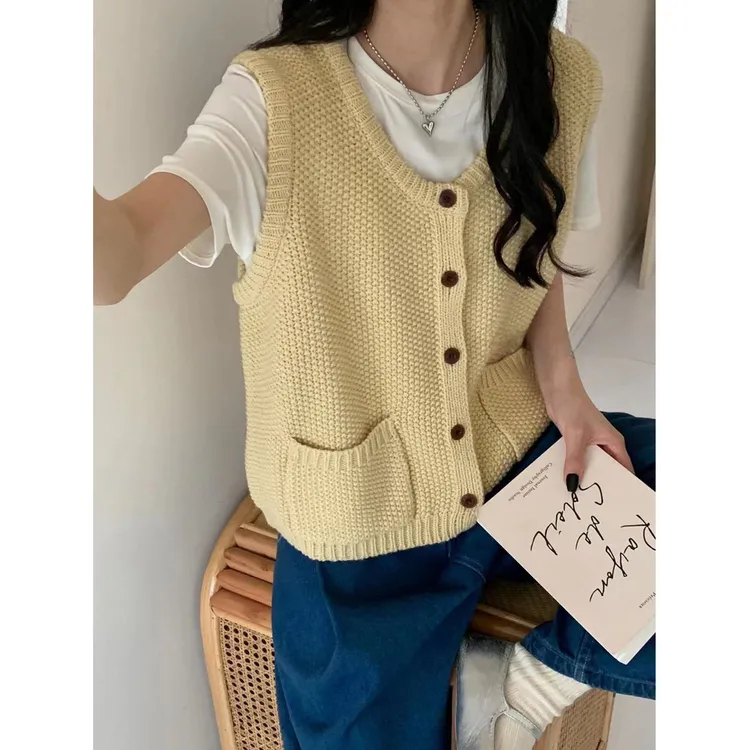 韩系宽松慵懒针织马甲背心女秋外搭叠穿无袖毛衣开衫坎肩