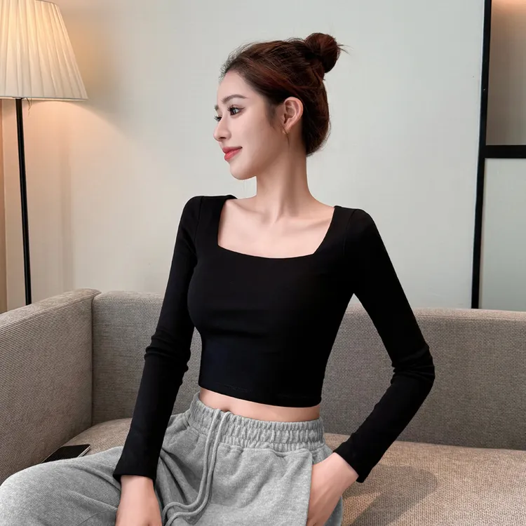 方领白色打底衫女2024新款春秋冬内搭露脐长袖大领口修身短款上衣