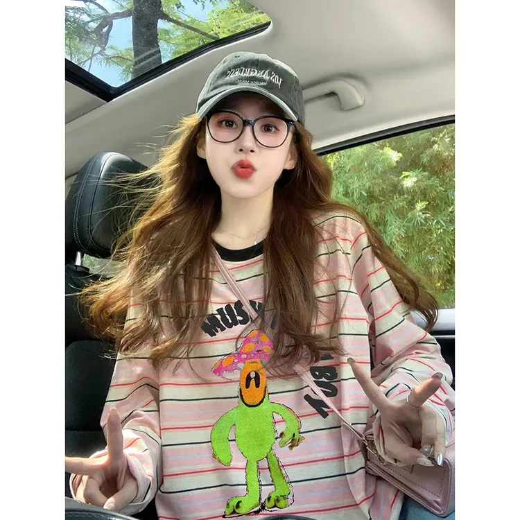 卡通撞色条纹长袖t恤女2025新款初秋美式复古设计感宽松减龄上衣