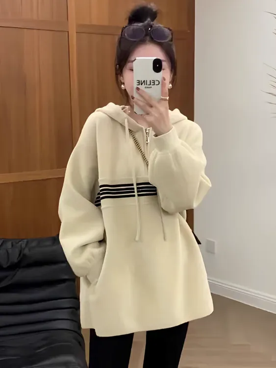 半拉链字母印花连帽卫衣女秋冬季2026新款慵懒风宽松长袖套头上衣