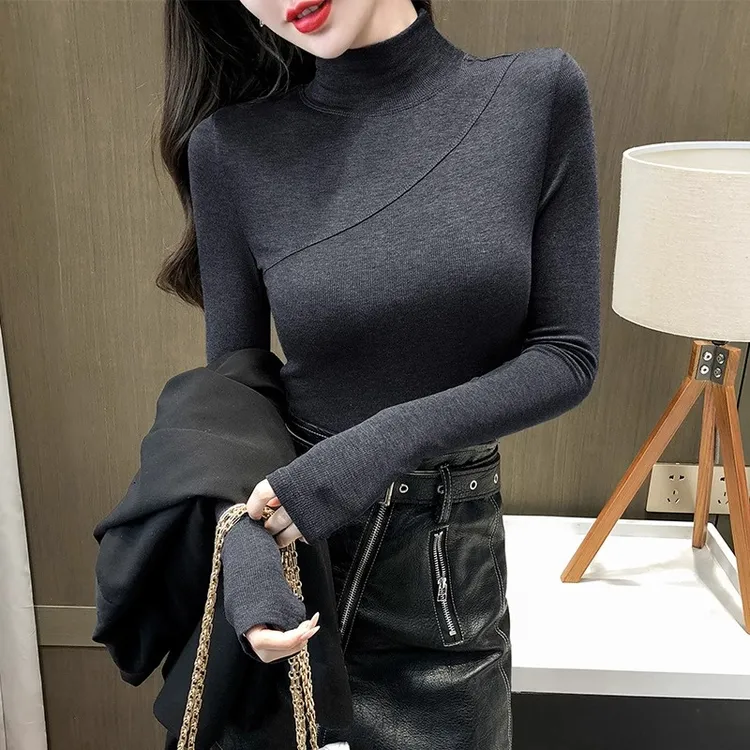 加绒加厚半高领打底衫女早秋内搭2025新款洋气保暖上衣t恤潮女款