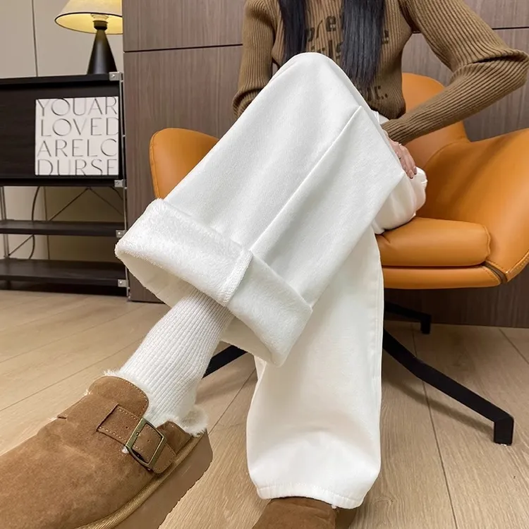 白色牛仔阔腿裤子女加绒加厚2026秋冬新款高腰小个子窄版直筒裤子