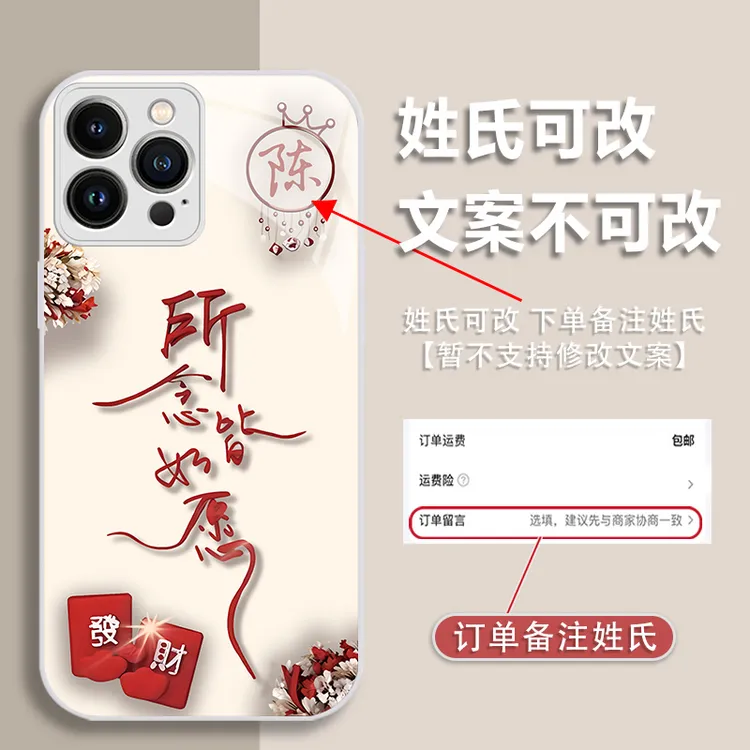 新款苹果13Pro百家姓定制所念皆如愿钢化玻璃镜头全包手机壳