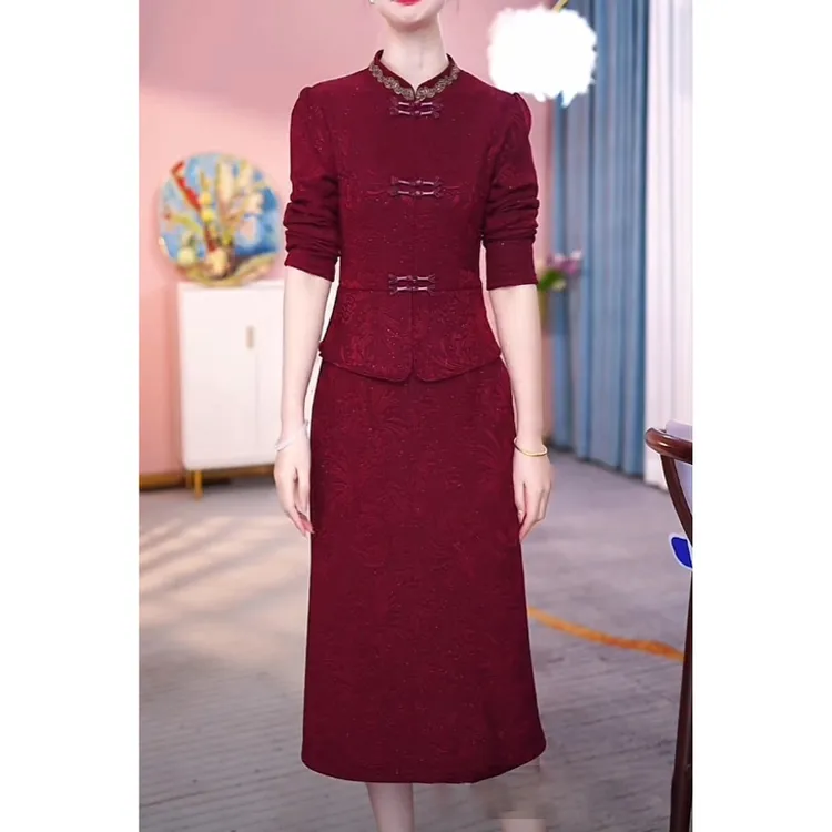 加绒加厚喜婆婆婚宴连衣裙女秋冬季国风中式显瘦改良旗袍妈妈裙子