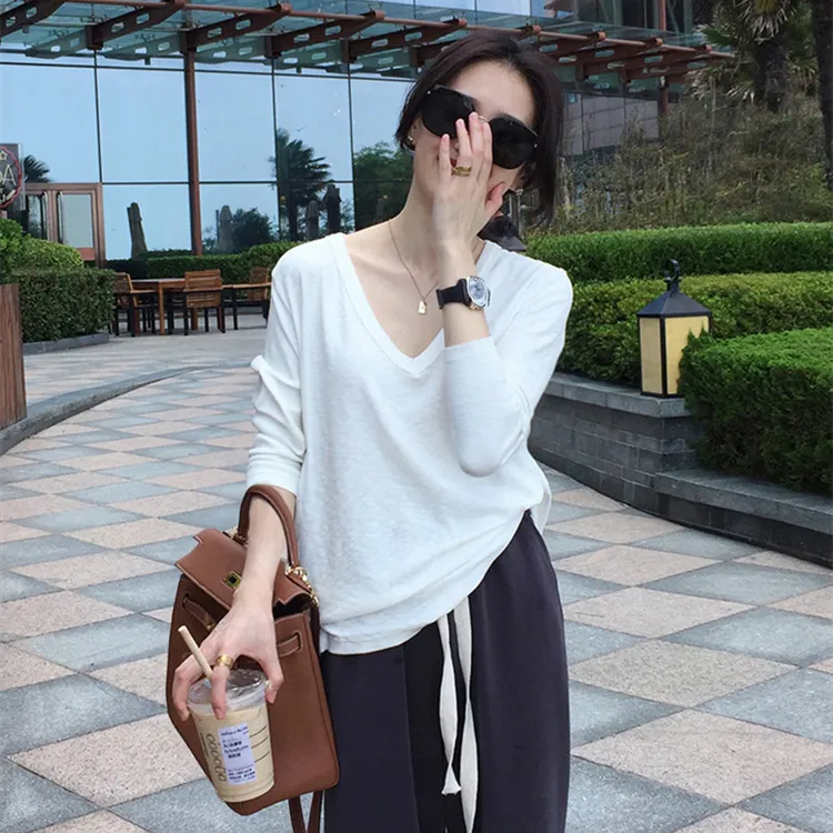 竹节棉大领口白色薄款长袖t恤女2024秋季宽松纯棉打底衫显瘦v领