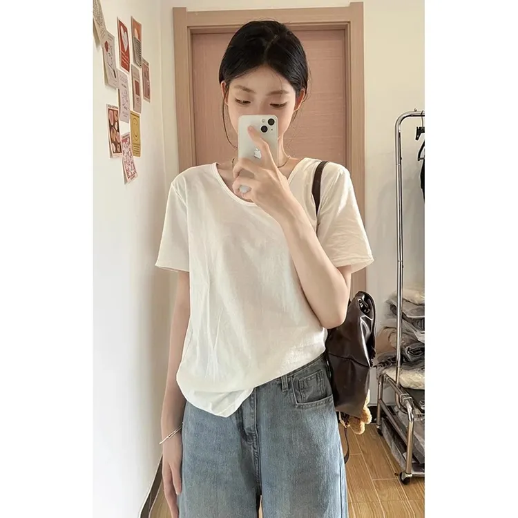 有运险+13色可选）白色大领口短袖T恤女夏宽松慵懒风韩版半袖上衣