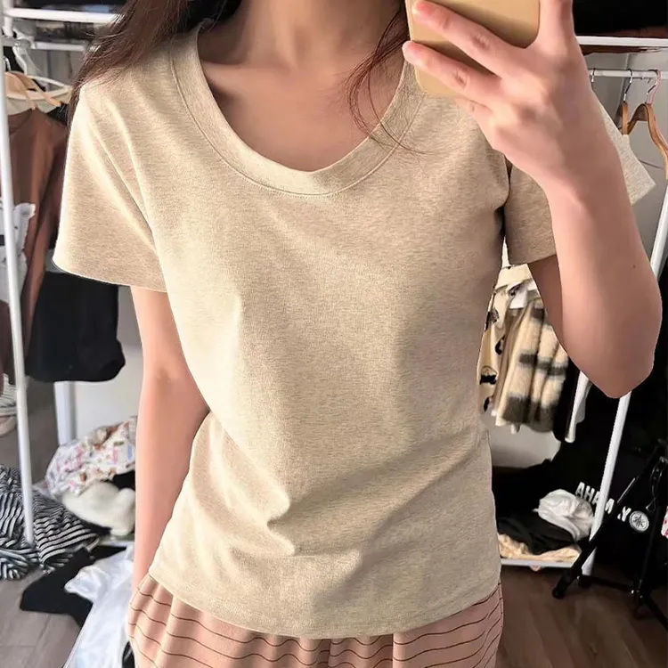 年谜短袖T恤女U型圆领2025春夏修身正肩白色上衣百搭纯欲风棉吸汗