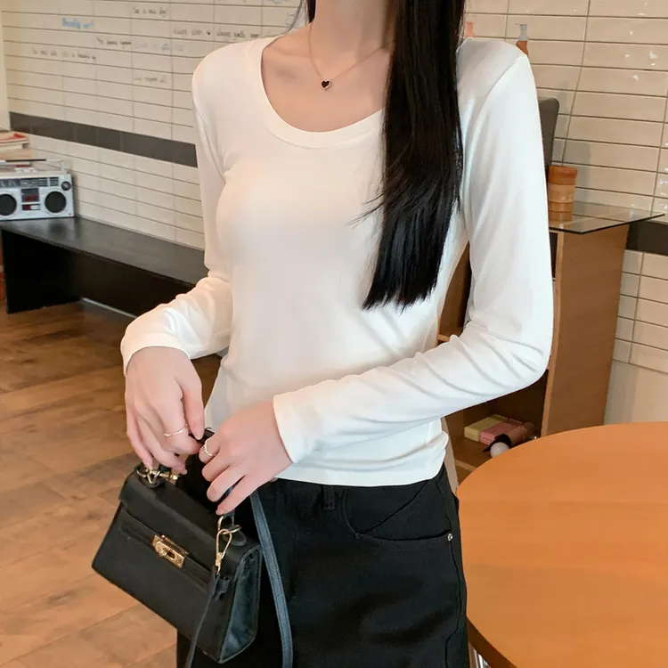 年谜长袖t恤女U领2025秋季修身上衣正肩内搭打底衫白色百搭显瘦