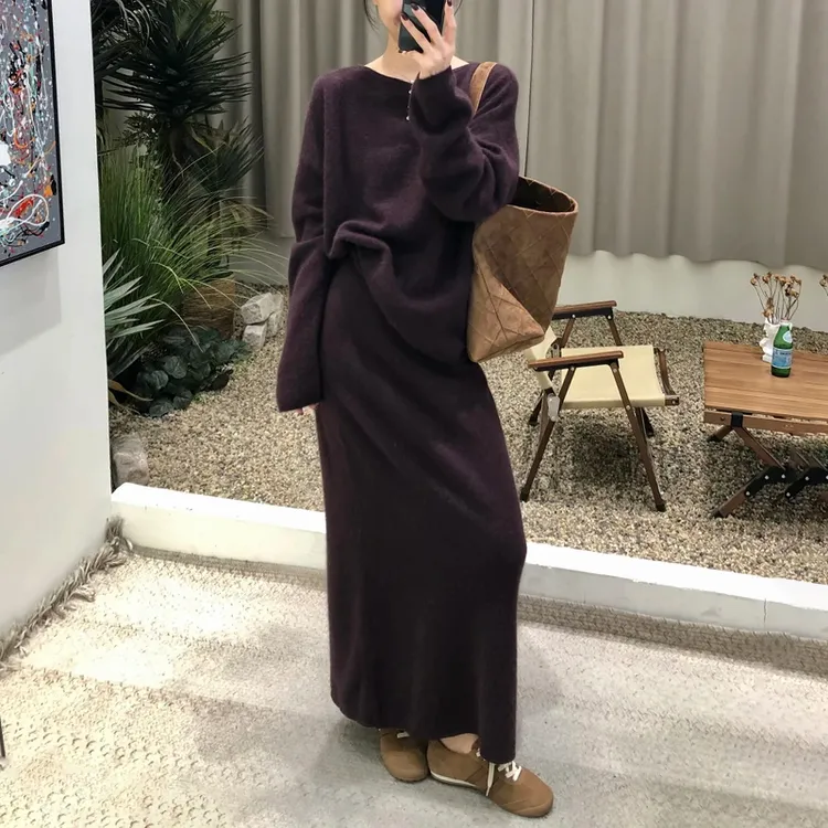 慵懒风一整套穿搭女春季新款圆领长袖上衣高腰显瘦半身裙针织套装