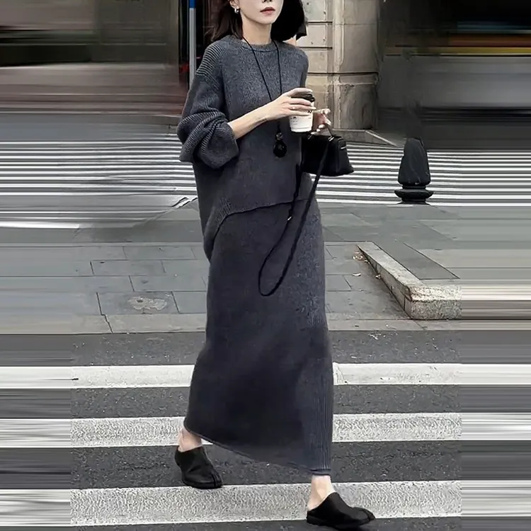 韩系慵懒风一整套穿搭女高级感灰色长袖针织衫高腰显瘦半身裙套装