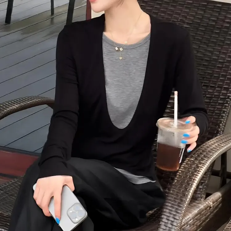 早秋新款T恤女韩系慵懒风设计感假两件长袖打底衫修身显瘦上衣潮