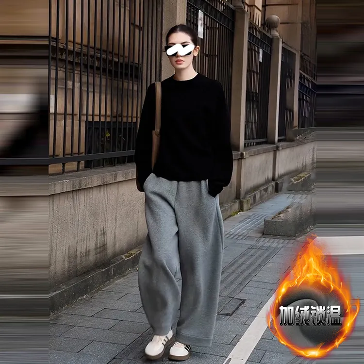 时尚套装女秋冬新款圆领长袖加绒加厚卫衣上衣高腰保暖休闲长裤潮