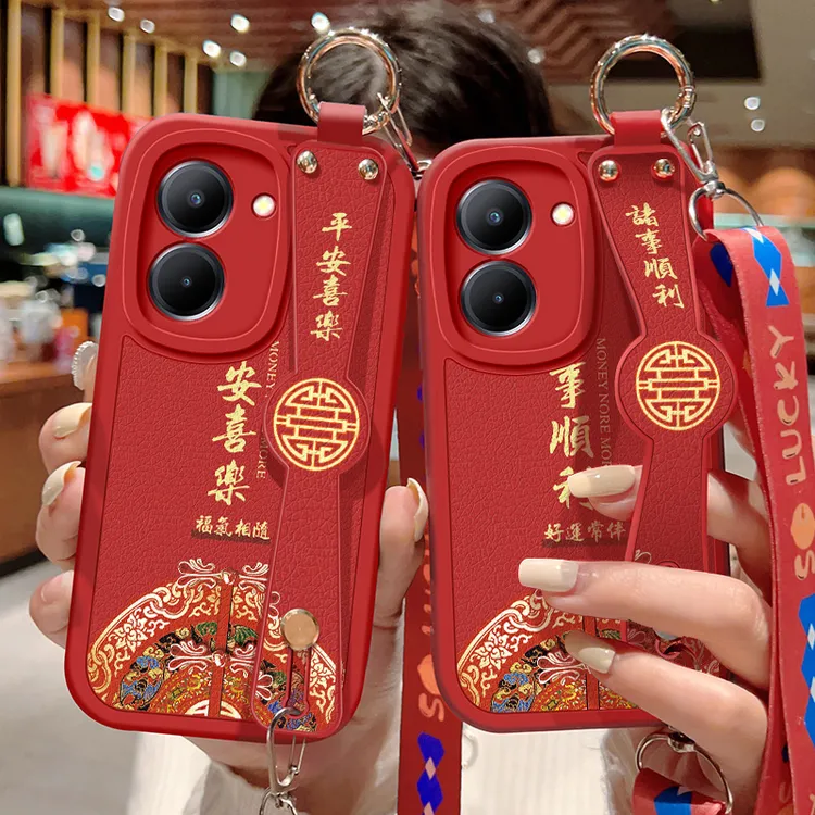 vivoy78手机壳新款红y78m诸事顺利小羊皮硅胶软壳斜挎腕带VIVO镜