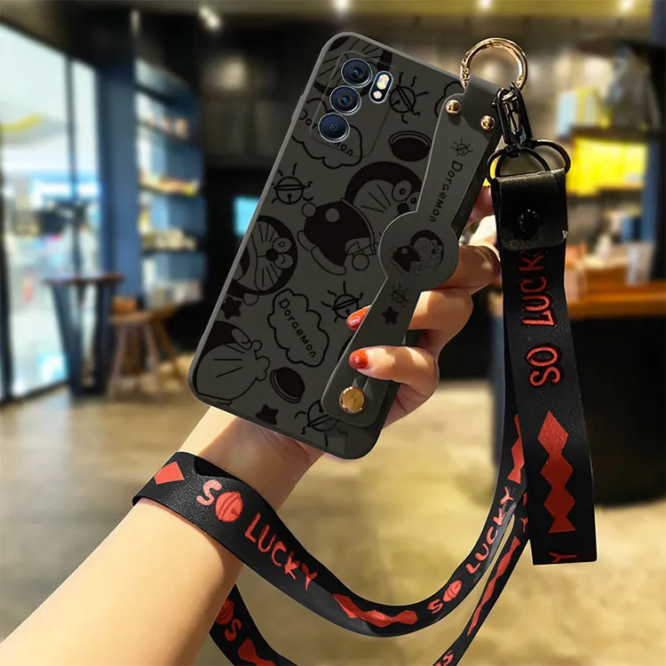 机器猫opporeno6手机壳女款reno6pro腕带挂绳液态硅胶OPPO全包防