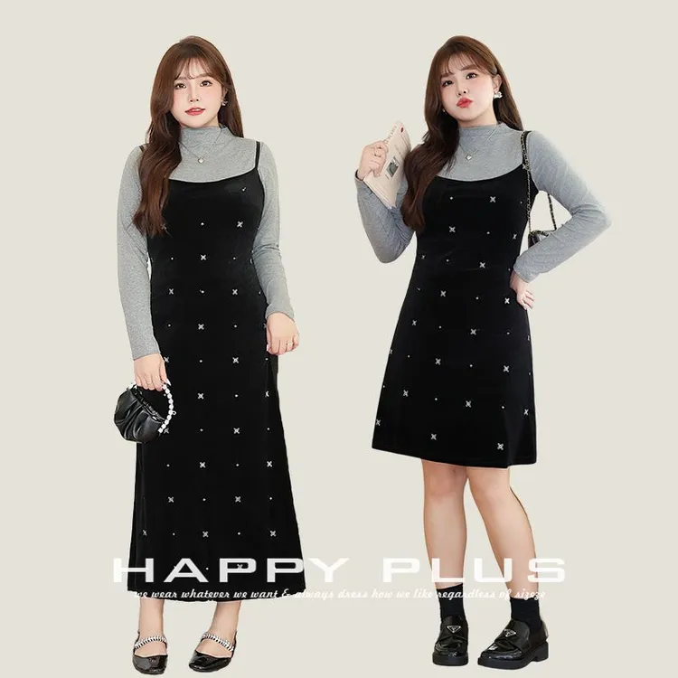 丝绒刺绣A字收腰吊带背心裙9089大码AB长短款丝绒吊带连衣裙