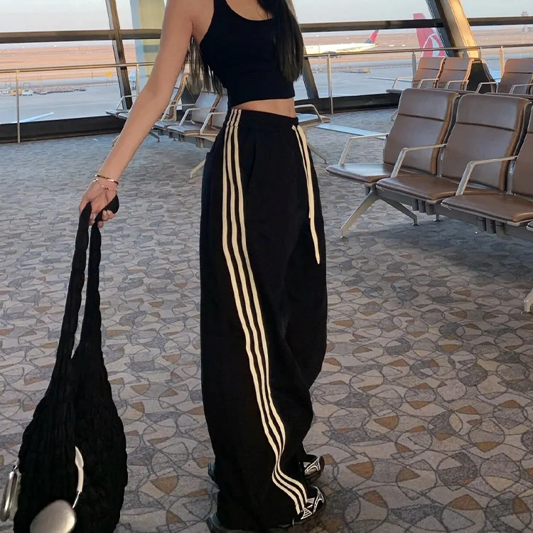 美式辣妹街头三条杠垂感阔腿裤女夏季宽松速干高腰休闲直筒运动裤