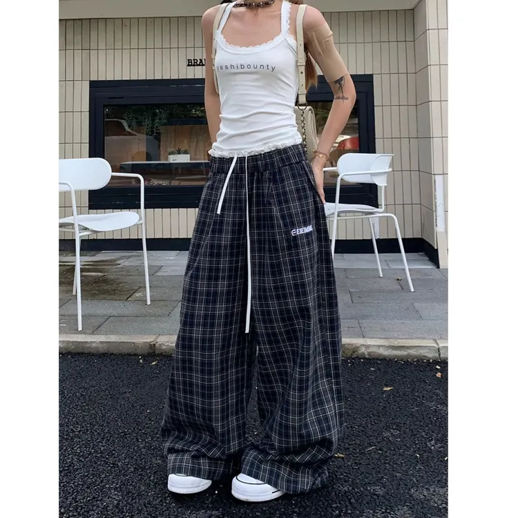 美式复古格子阔腿裤女春秋新款垂感宽松大码休闲直筒裤拖地长裤