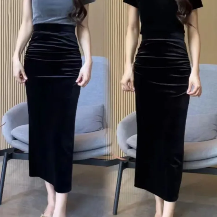 金丝绒夏季修身半身裙女春秋新款黑色高腰中长款一步显瘦开叉长裙